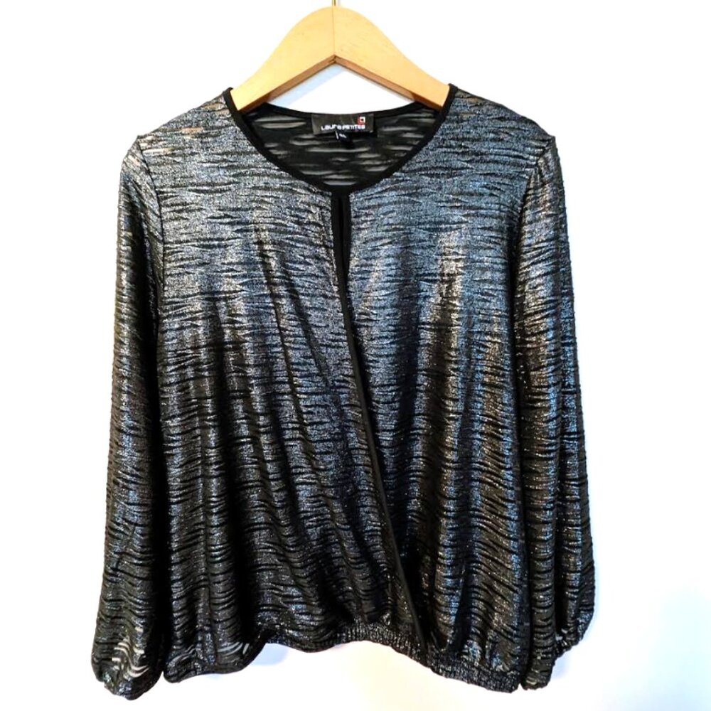 NWOT Laura Petite Wrap Shimmering-Metallic Bubble Hem Blouse Top